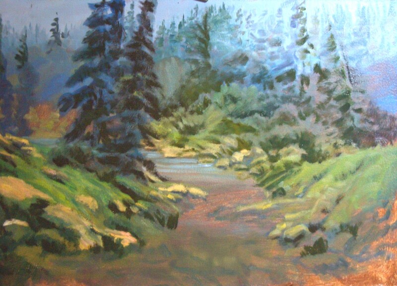 Oil paintings of creek with muddy waters with grass and rocky shoreline