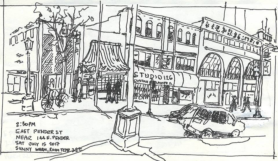 Sketch of store fronts along Pender St