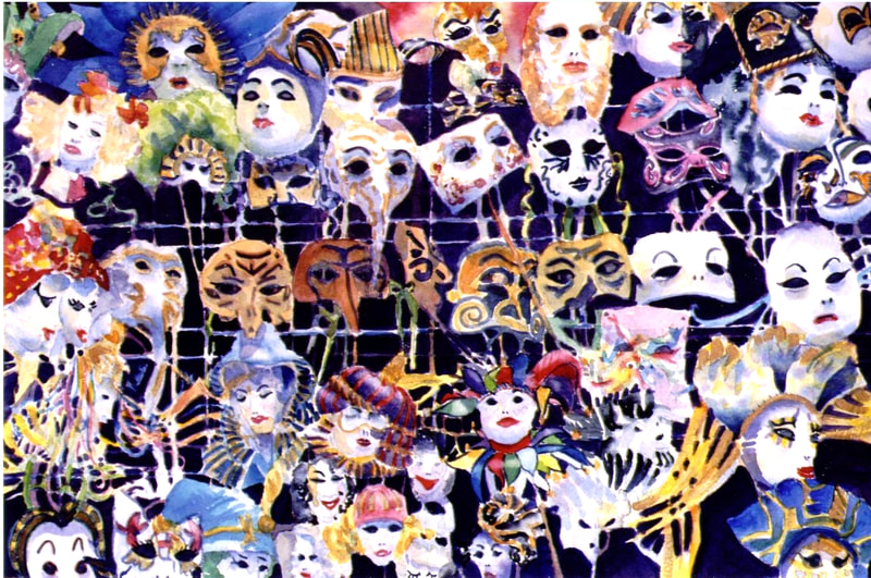 Hanging Mardis Gras masks destined for Venice's festival