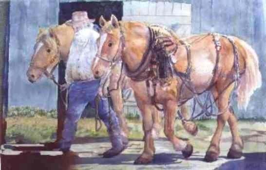 Pioneer farmer walking his two plowing horses to the barn at the end of the day