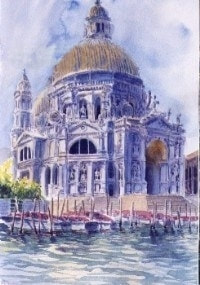 Watercolour of the famous Basilica at the mouth of the Grand Canal, Venice.